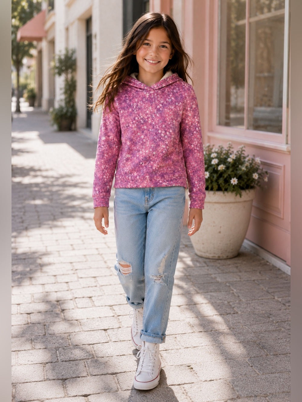 JOE FRESH ACTIVE Girls Pink AOP Star Print Fleece Lined Hoodie Size M 7-8 Girly